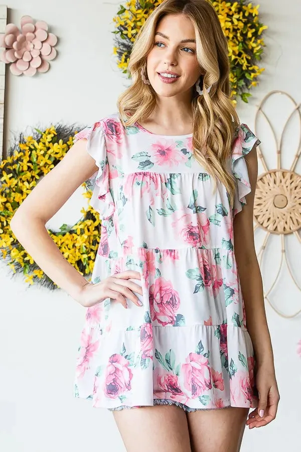Heimish Full Size Butterfly Short Sleeve Round Neck Floral Print Tiered Top Plus Size