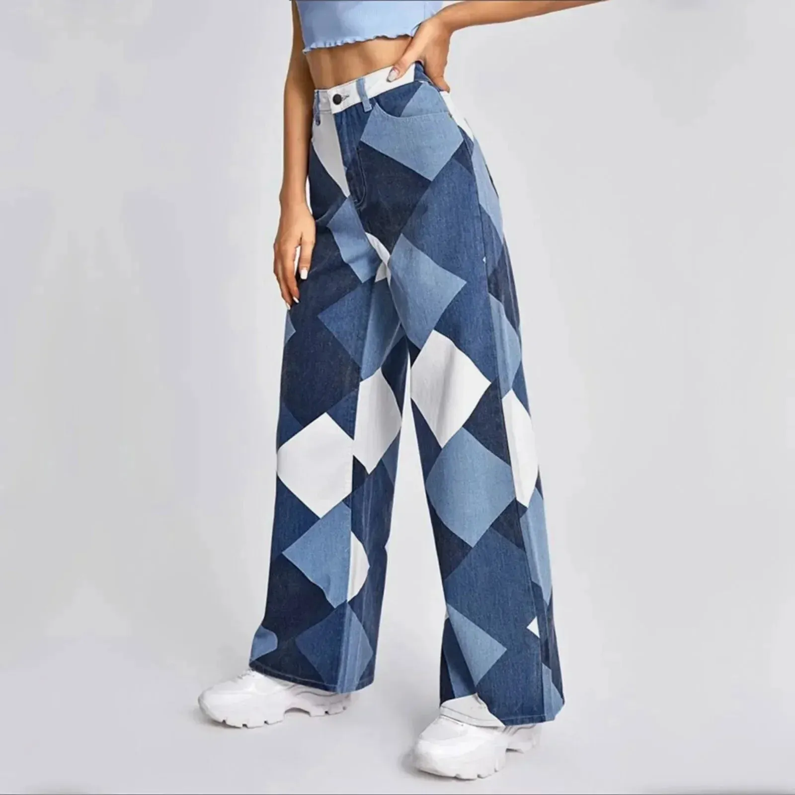High Waist Checkered Denim Jeans