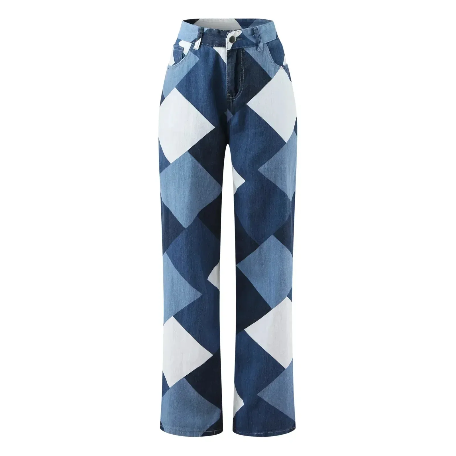High Waist Checkered Denim Jeans