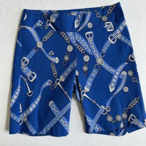 J McLaughlin Shorts Sz 4 Caribbean Blue Chain Buckle Print Stretch Pull On