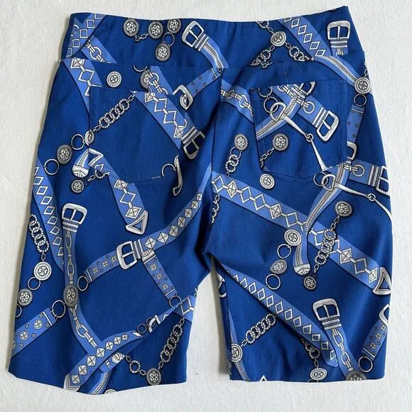 J McLaughlin Shorts Sz 4 Caribbean Blue Chain Buckle Print Stretch Pull On