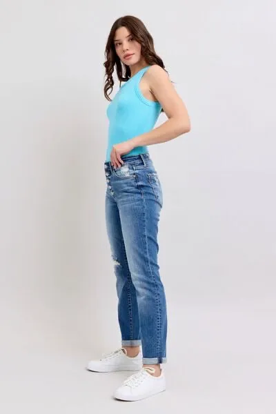 Judy Blue Button Fly Distressed Jeans with Pockets