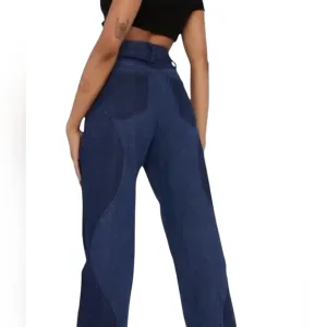Le Lis Womens Two Tone Jeans High Waisted Wavy Reto Straight Leg Blue Large New