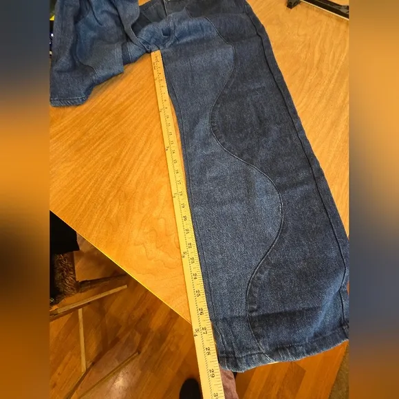 Le Lis Womens Two Tone Jeans High Waisted Wavy Reto Straight Leg Blue Large New