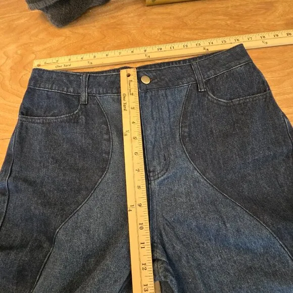 Le Lis Womens Two Tone Jeans High Waisted Wavy Reto Straight Leg Blue Large New