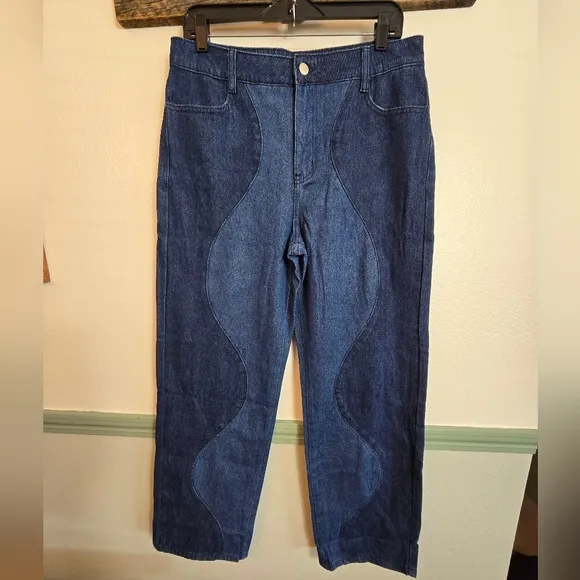 Le Lis Womens Two Tone Jeans High Waisted Wavy Reto Straight Leg Blue Large New
