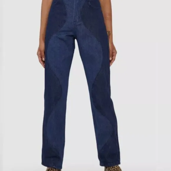 Le Lis Womens Two Tone Jeans High Waisted Wavy Reto Straight Leg Blue Large New
