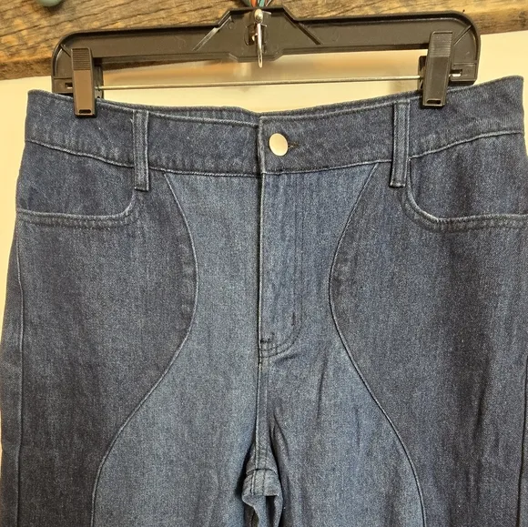Le Lis Womens Two Tone Jeans High Waisted Wavy Reto Straight Leg Blue Large New