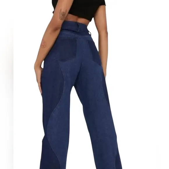 Le Lis Womens Two Tone Jeans High Waisted Wavy Reto Straight Leg Blue Large New