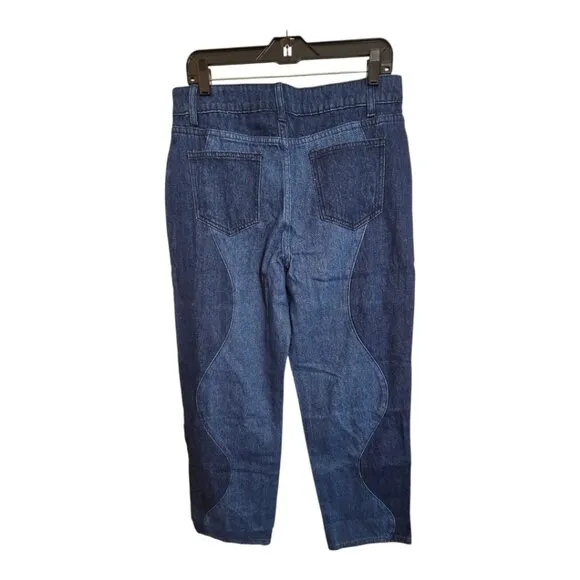 Le Lis Womens Two Tone Jeans High Waisted Wavy Reto Straight Leg Blue Large New