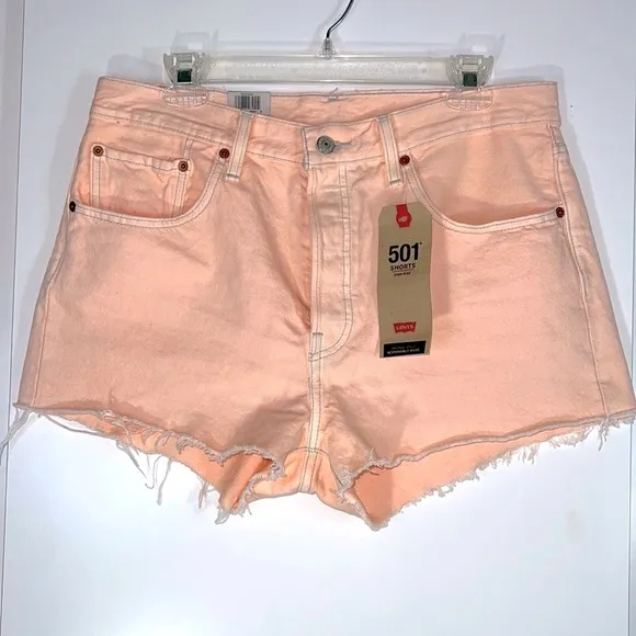 LEVI’S 501 signature button fly high rise cutoff light pink denim shorts
