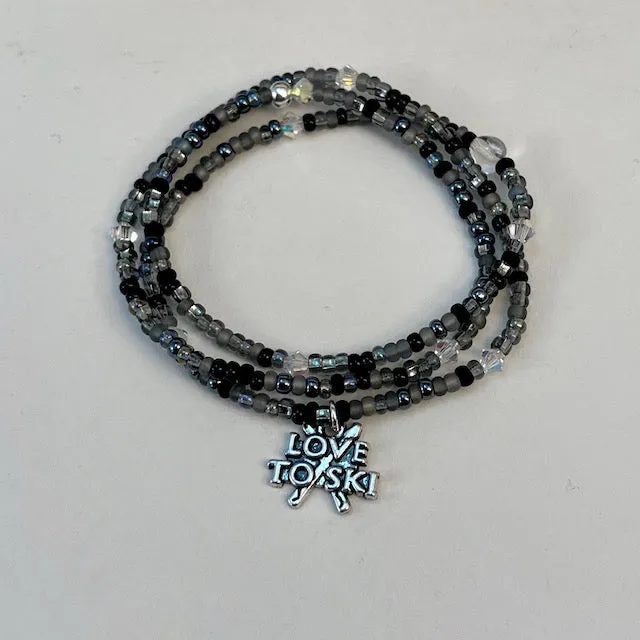 Love to ski charm stretch necklace or triple wrap bracelet