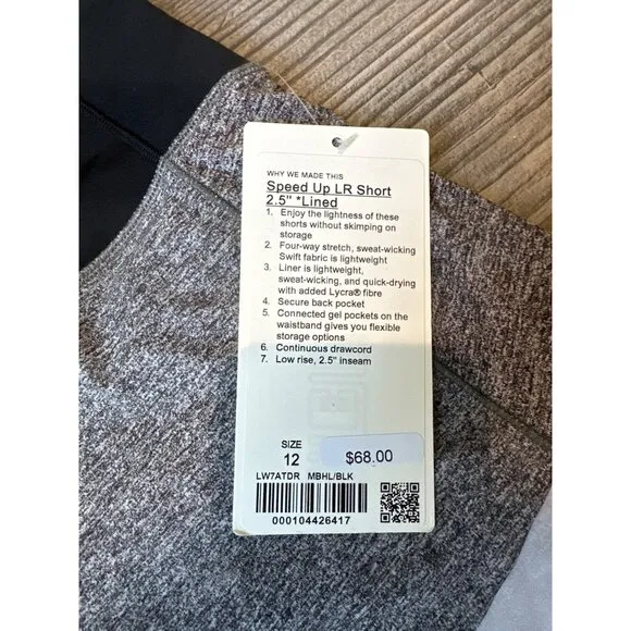 Lululemon Speed Up LR Shorts 2.5&quot; Lined  Size 12  Black/Gray  $68