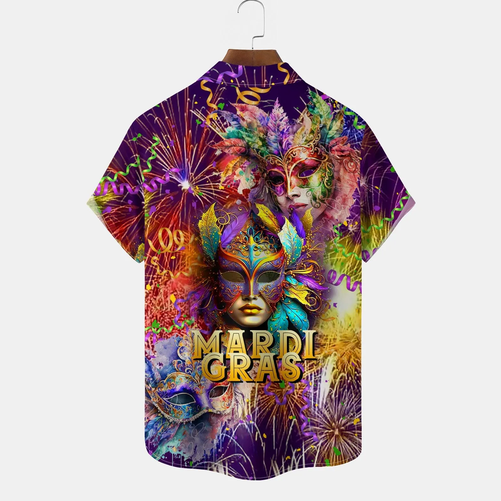 Mardi Gras Mask Fireworks Print Men's Chest Pocket Shirt Big Tall