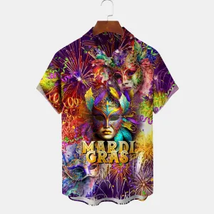 Mardi Gras Mask Fireworks Print Men's Chest Pocket Shirt Big Tall