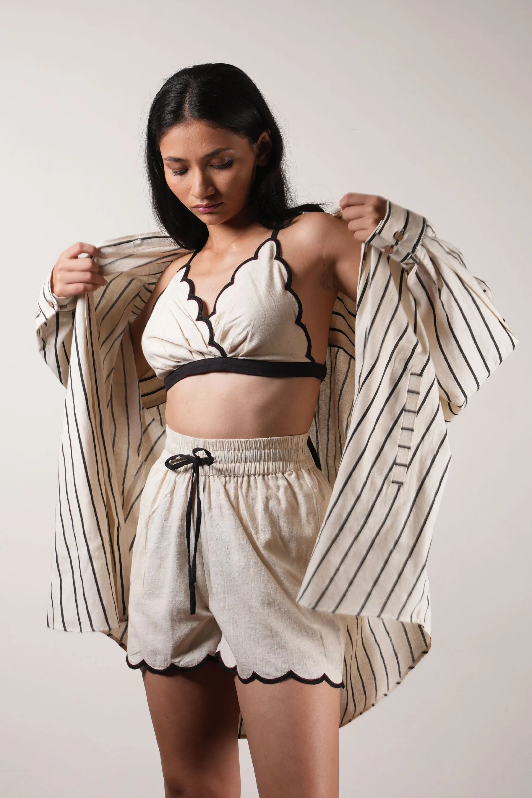 Mati Oversized Striped Shirt Set-Oatmeal (3 Pcs)