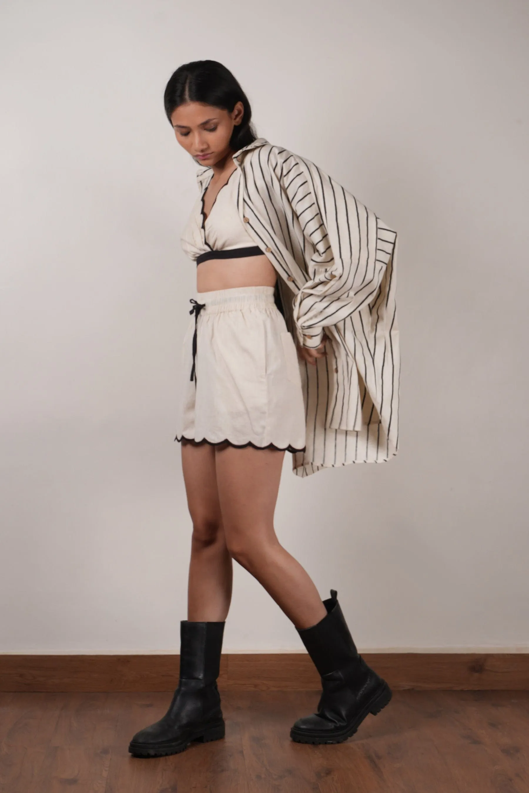 Mati Oversized Striped Shirt Set-Oatmeal (3 Pcs)