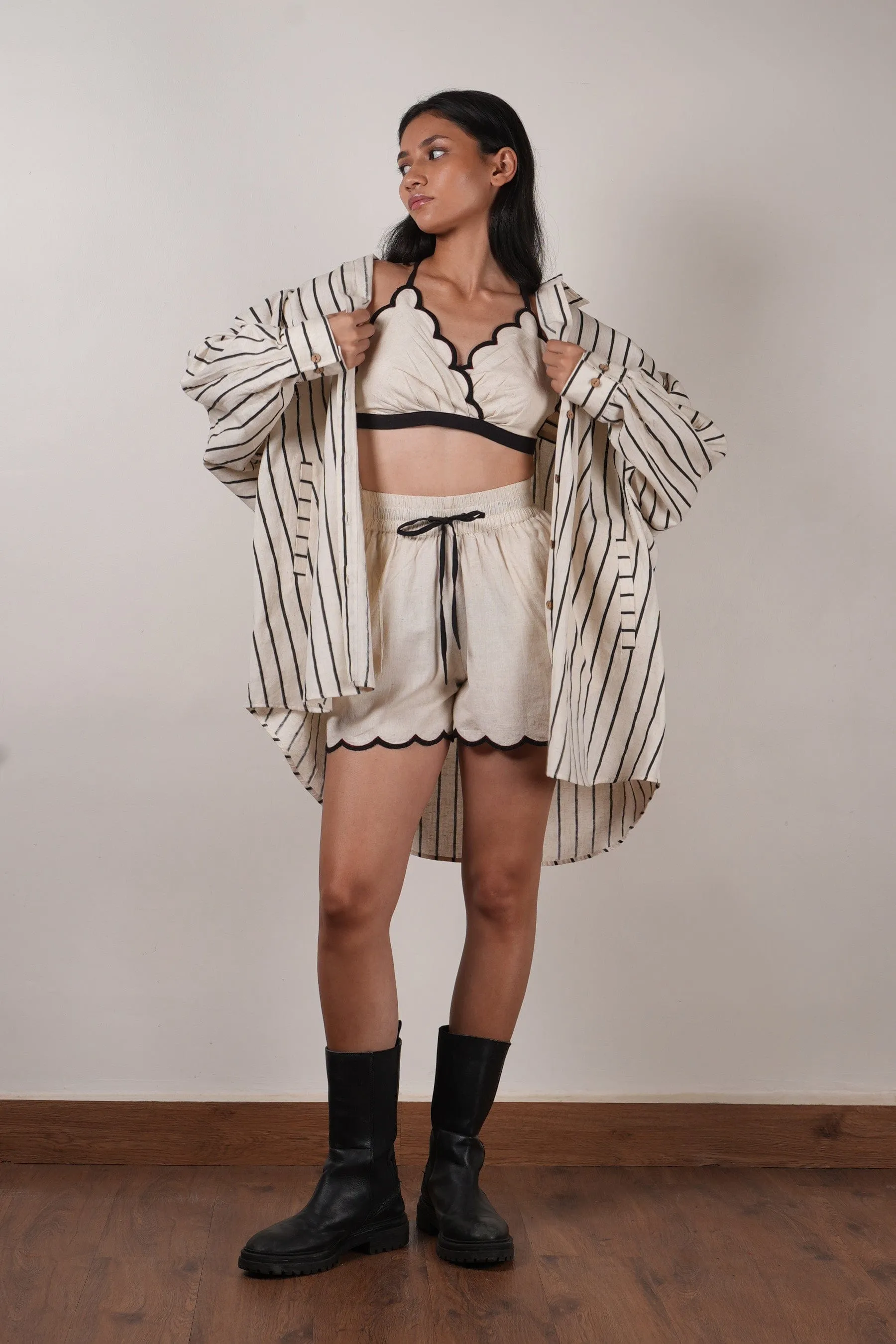Mati Oversized Striped Shirt Set-Oatmeal (3 Pcs)