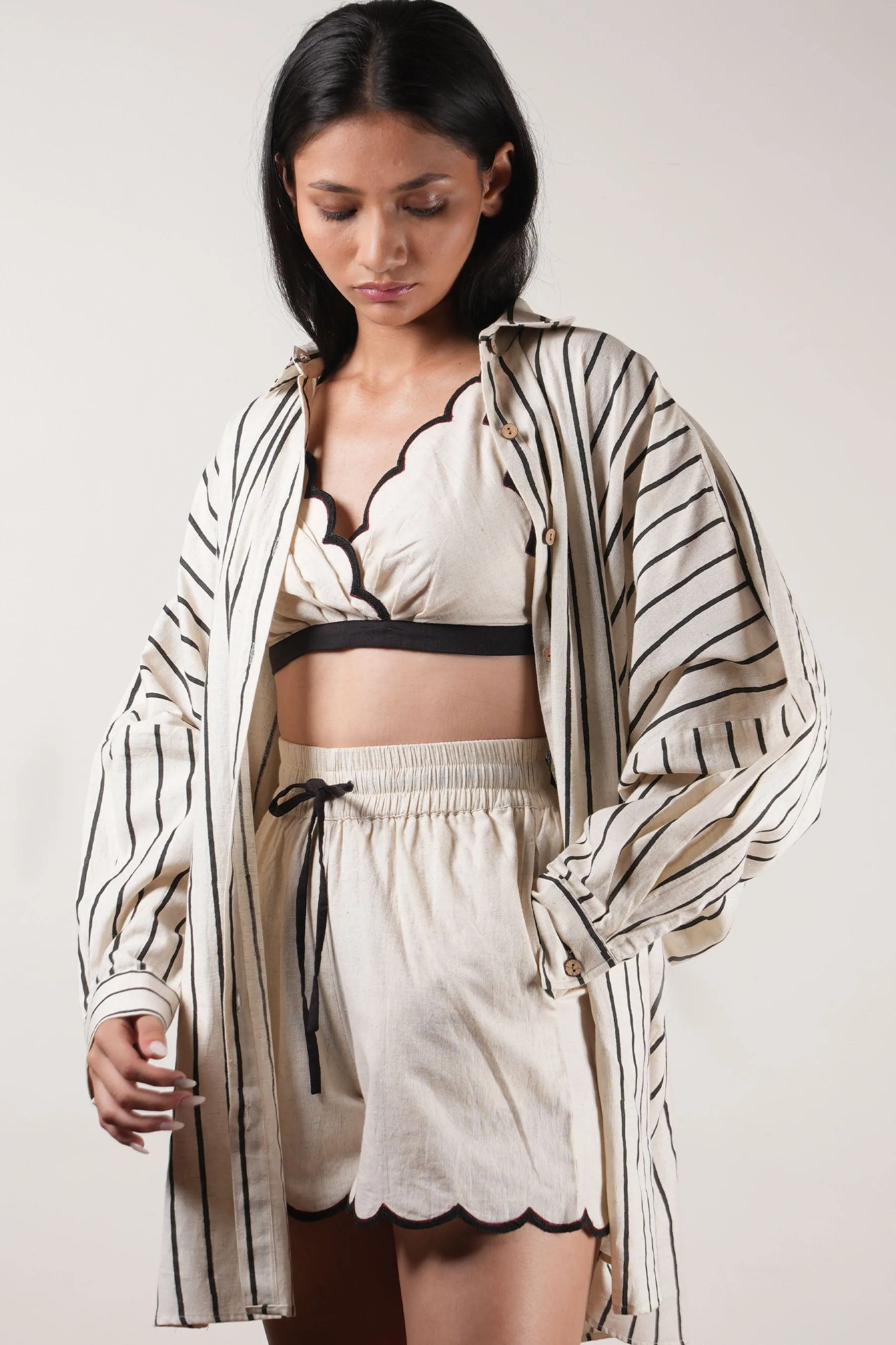 Mati Oversized Striped Shirt Set-Oatmeal (3 Pcs)