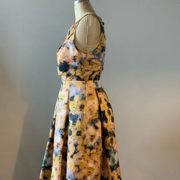 McGinn for Anthropologie Womens Sleeveless Yellow Floral Dress w/Pleats Size 4
