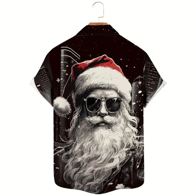 Men's Christmas Santa Print Short Sleeve Shirt