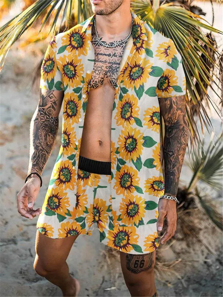 Mens Fashion Slim Fit Print Beach Short Sleeve Shirts Shorts