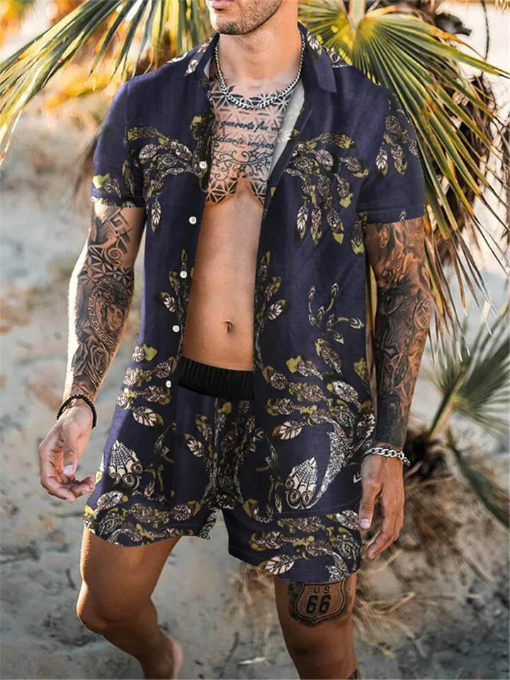 Mens Fashion Slim Fit Print Beach Short Sleeve Shirts Shorts