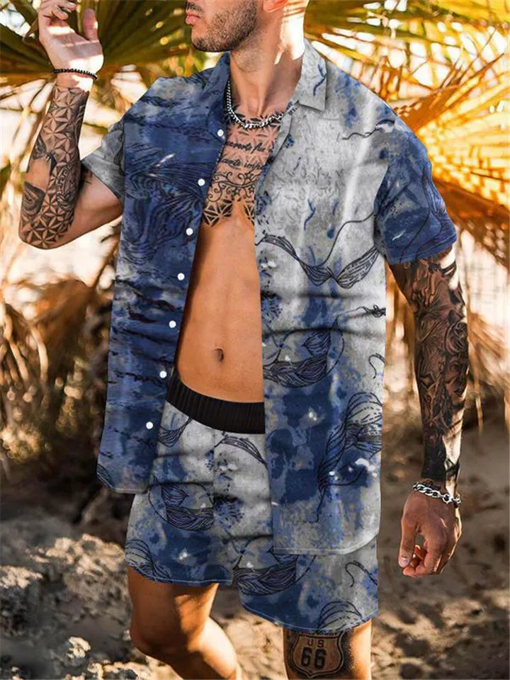 Mens Fashion Slim Fit Print Beach Short Sleeve Shirts Shorts