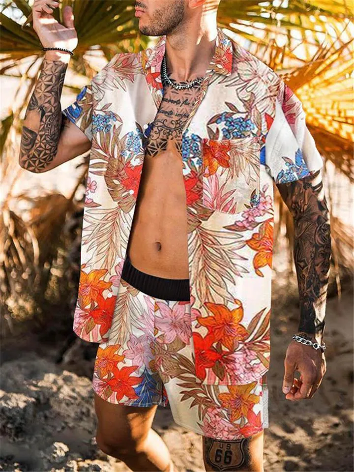 Mens Fashion Slim Fit Print Beach Short Sleeve Shirts Shorts