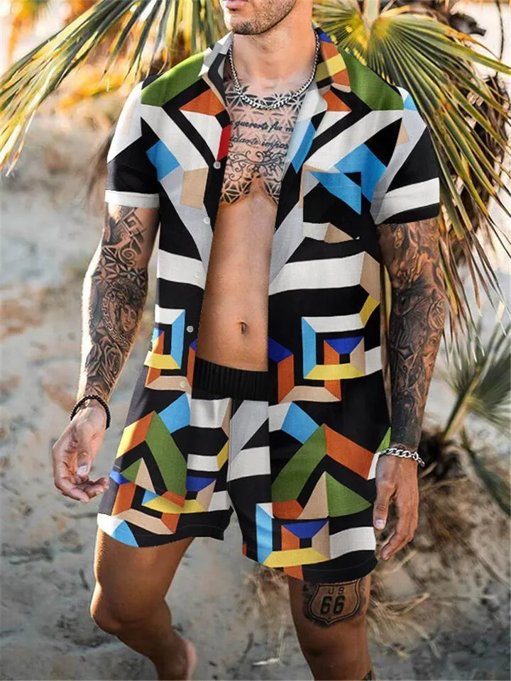 Mens Fashion Slim Fit Print Beach Short Sleeve Shirts Shorts