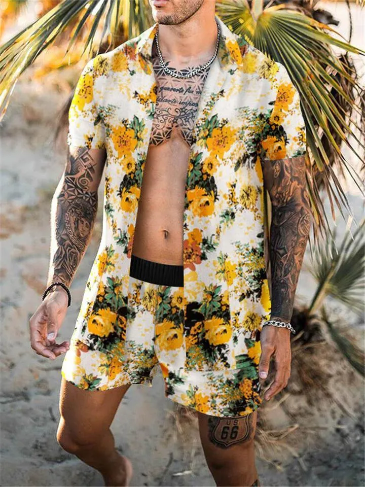 Mens Fashion Slim Fit Print Beach Short Sleeve Shirts Shorts