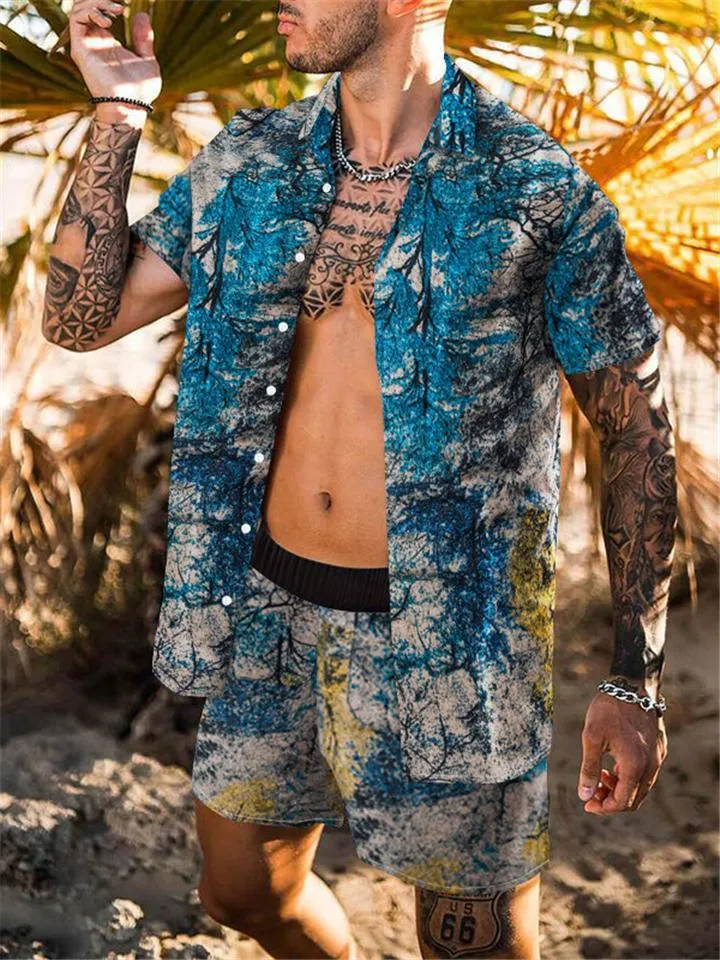 Mens Fashion Slim Fit Print Beach Short Sleeve Shirts Shorts
