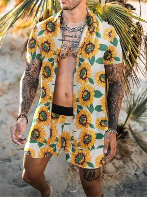 Mens Fashion Slim Fit Print Beach Short Sleeve Shirts Shorts