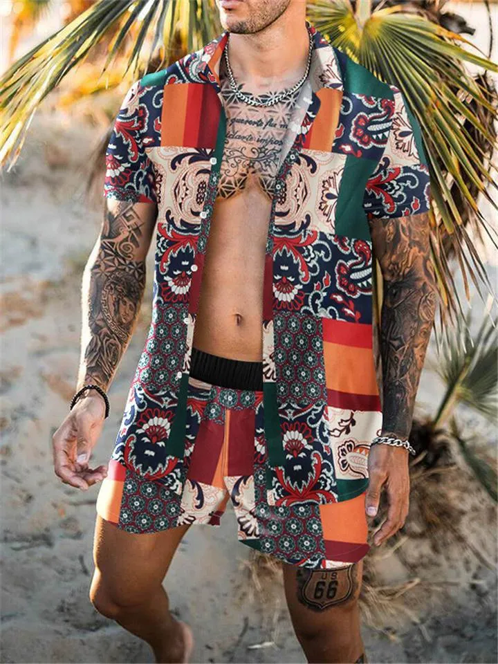 Mens Fashion Slim Fit Print Beach Short Sleeve Shirts Shorts