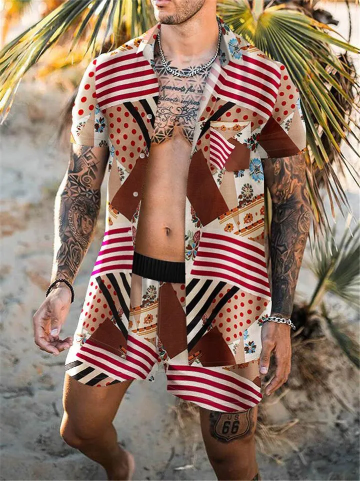 Mens Fashion Slim Fit Print Beach Short Sleeve Shirts Shorts