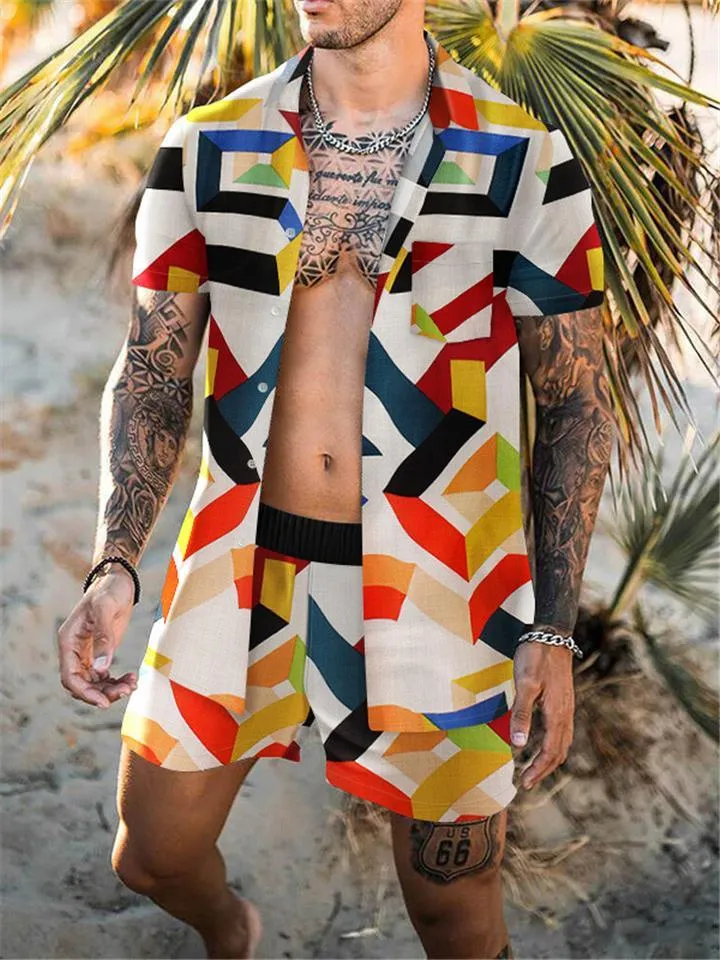 Mens Fashion Slim Fit Print Beach Short Sleeve Shirts Shorts