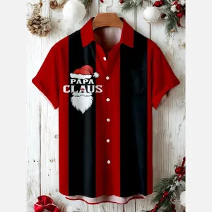 Men's Red and Black Striped Christmas Father Cartoon Short Sleeve Shirt 2411009339