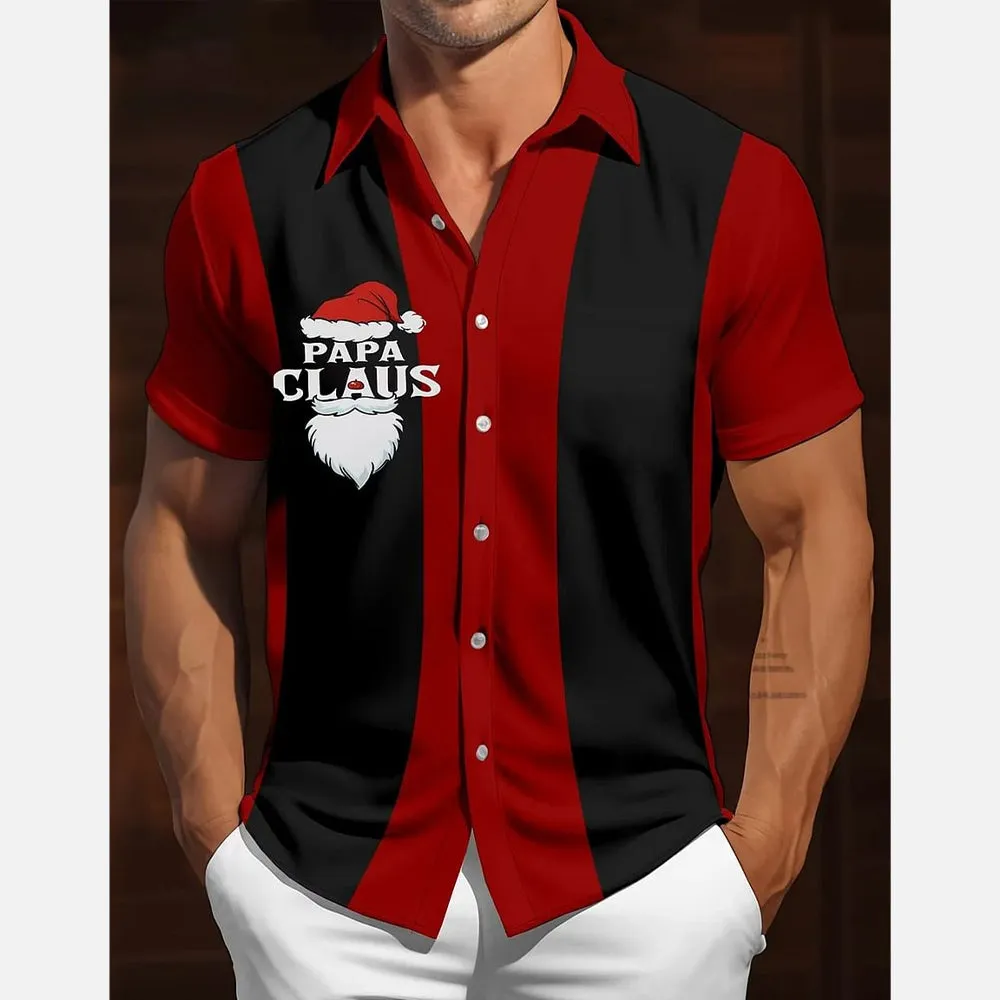 Men's Red and Black Striped Christmas Father Cartoon Short Sleeve Shirt 2411009339