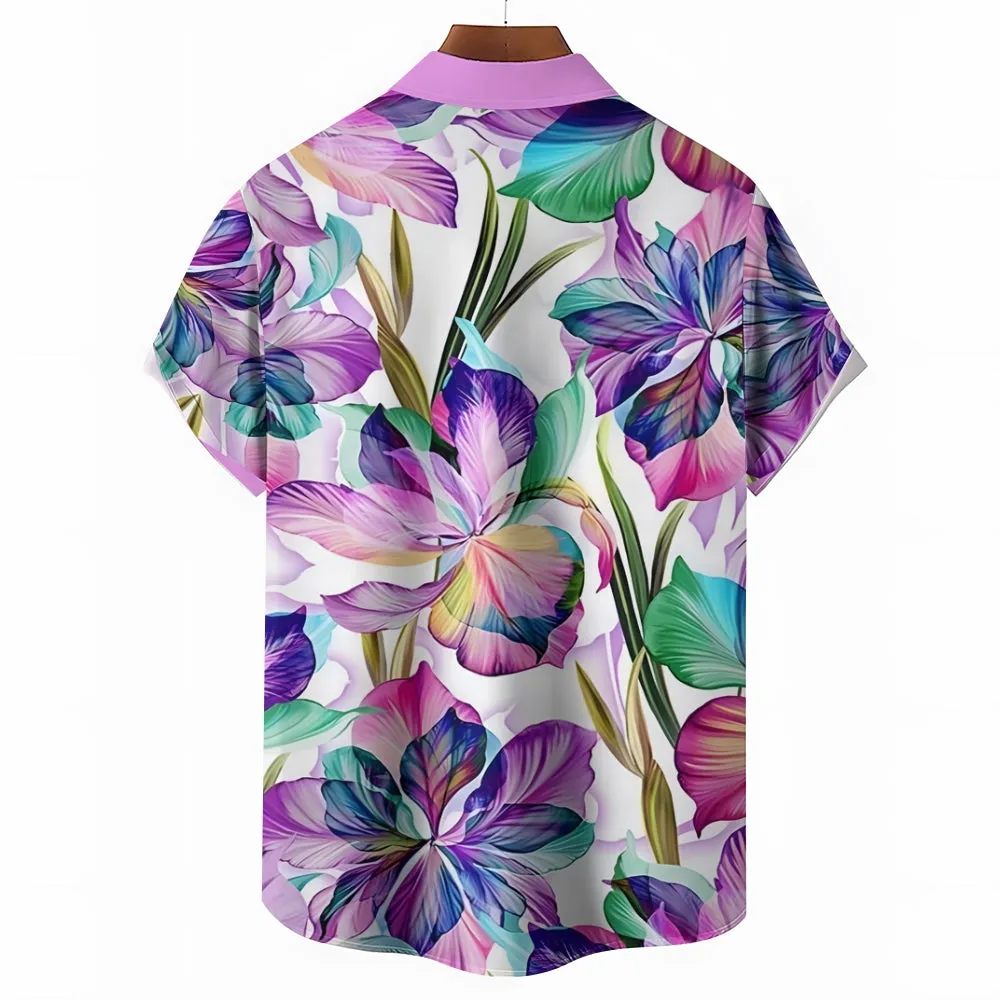 Men's Vibrant Hawaiian Floral Print Short Sleeve Shirt 2409008493