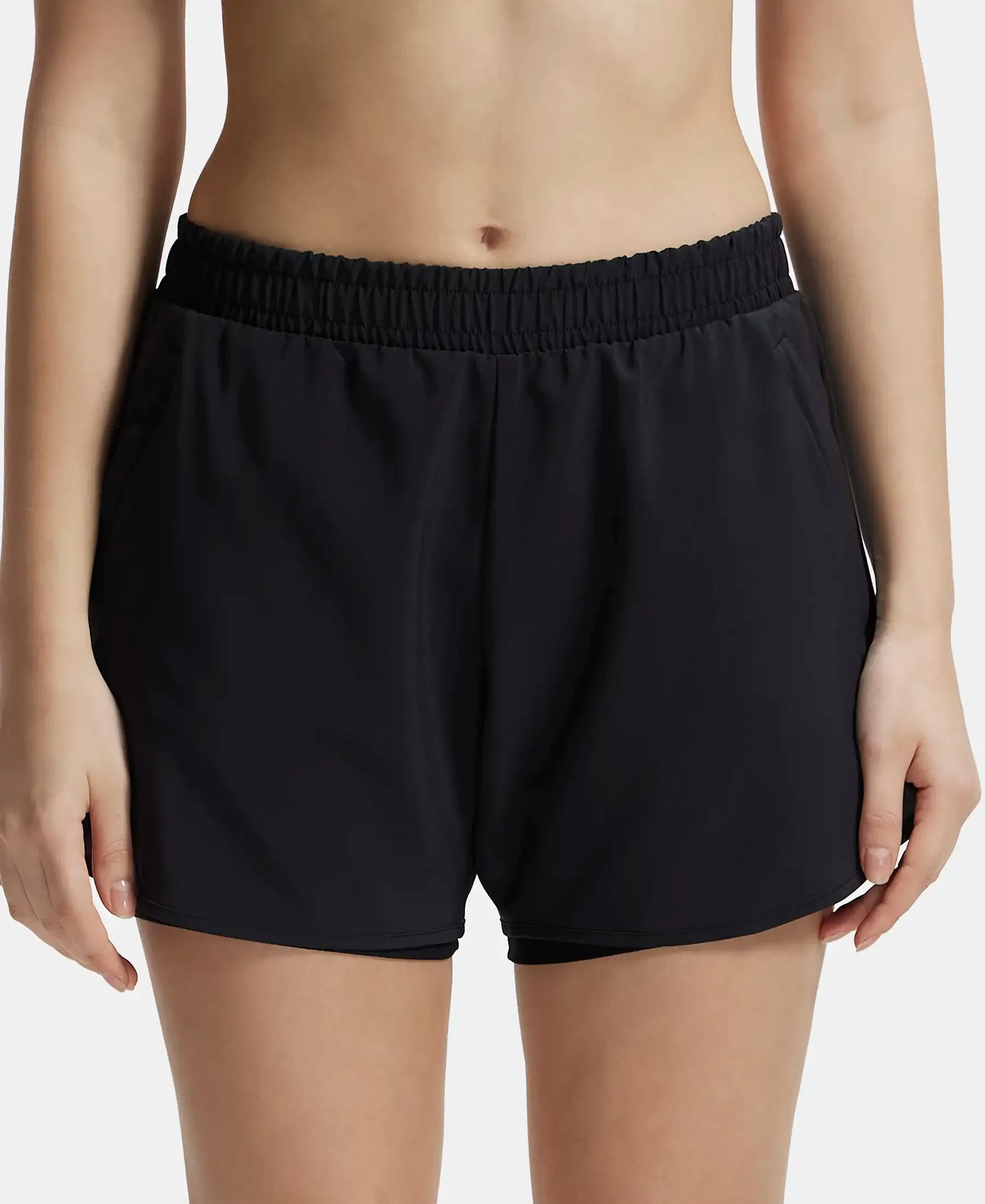 Microfiber Elastane Stretch Double Layered Woven Fabric Regular Fit Shorts with Zipper Pockets - Black
