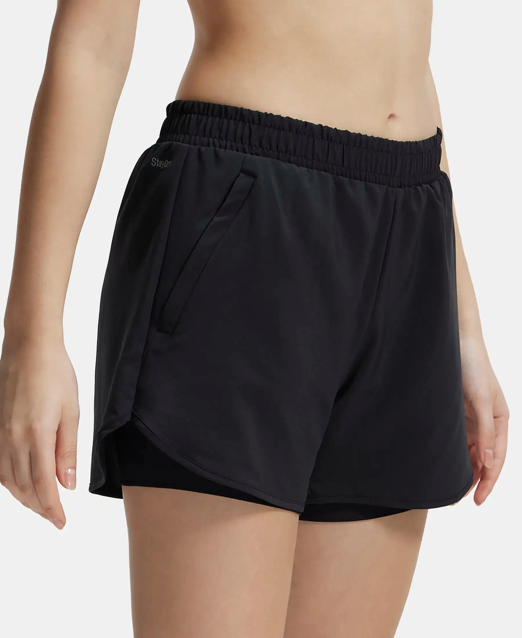 Microfiber Elastane Stretch Double Layered Woven Fabric Regular Fit Shorts with Zipper Pockets - Black