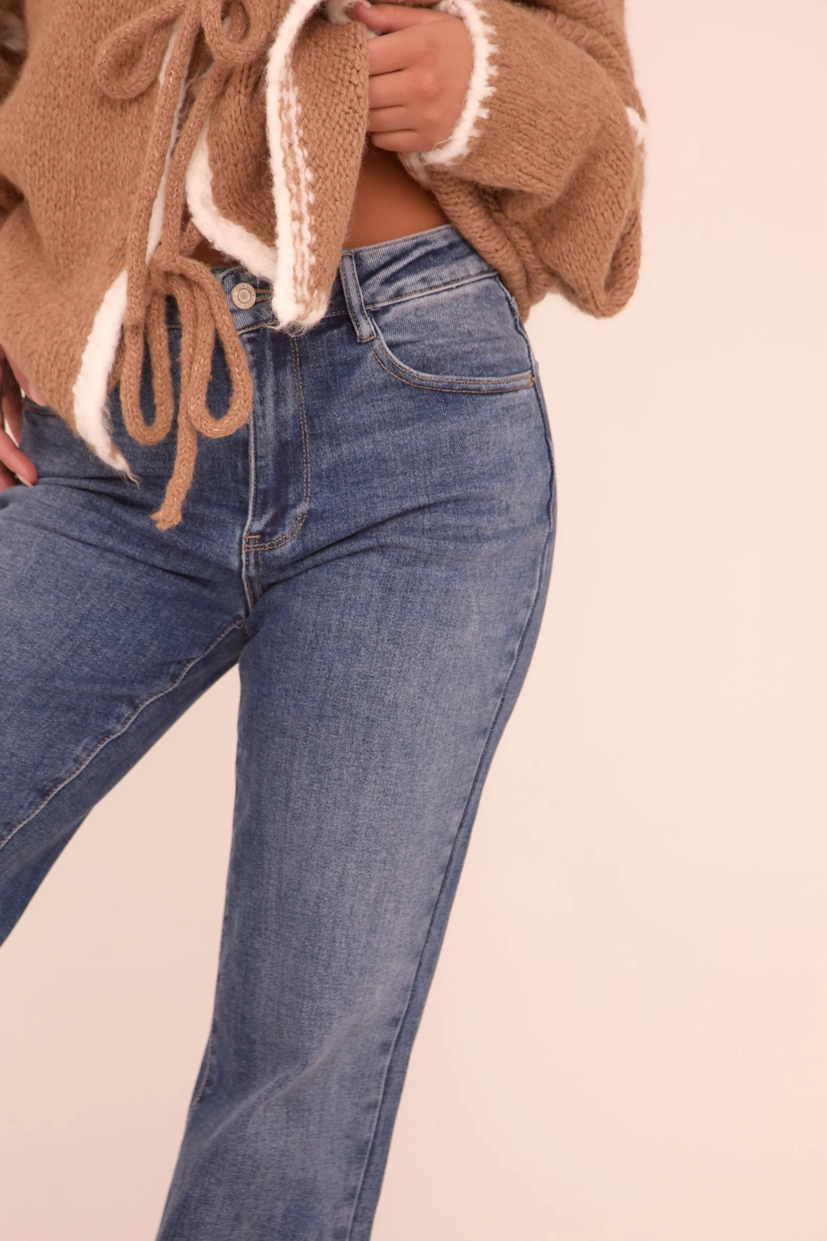 Mid Blue Stretch Mid Waist Boot Leg Denim Jeans - Aurora