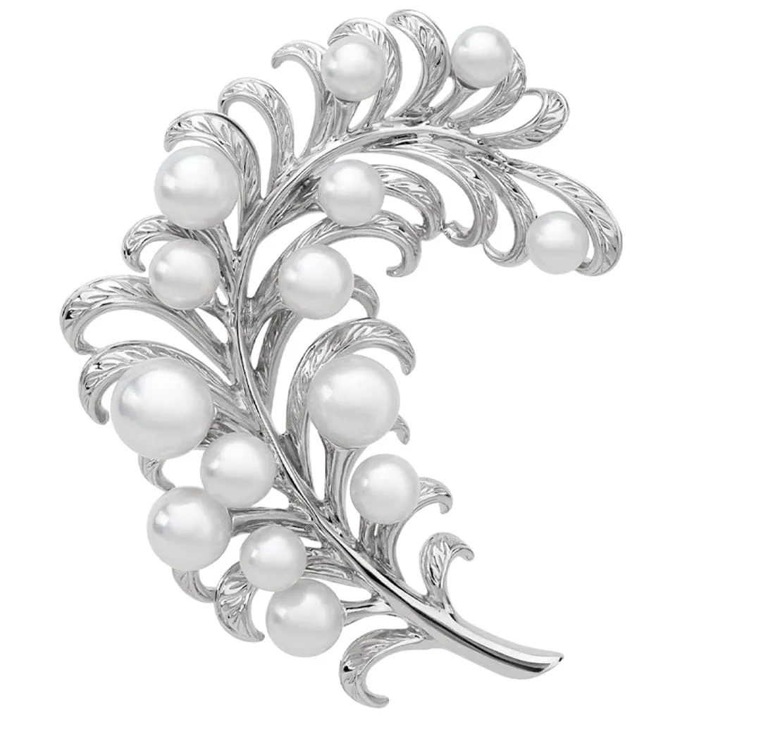 Mikimoto White Gold Akoya Pearl Feather Brooch