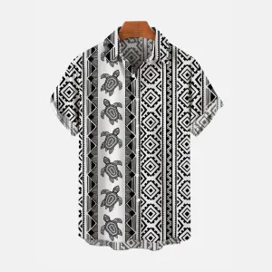 National Style Ethnic Geometric Pattern And Turtle Printing Short Sleeve Shirt