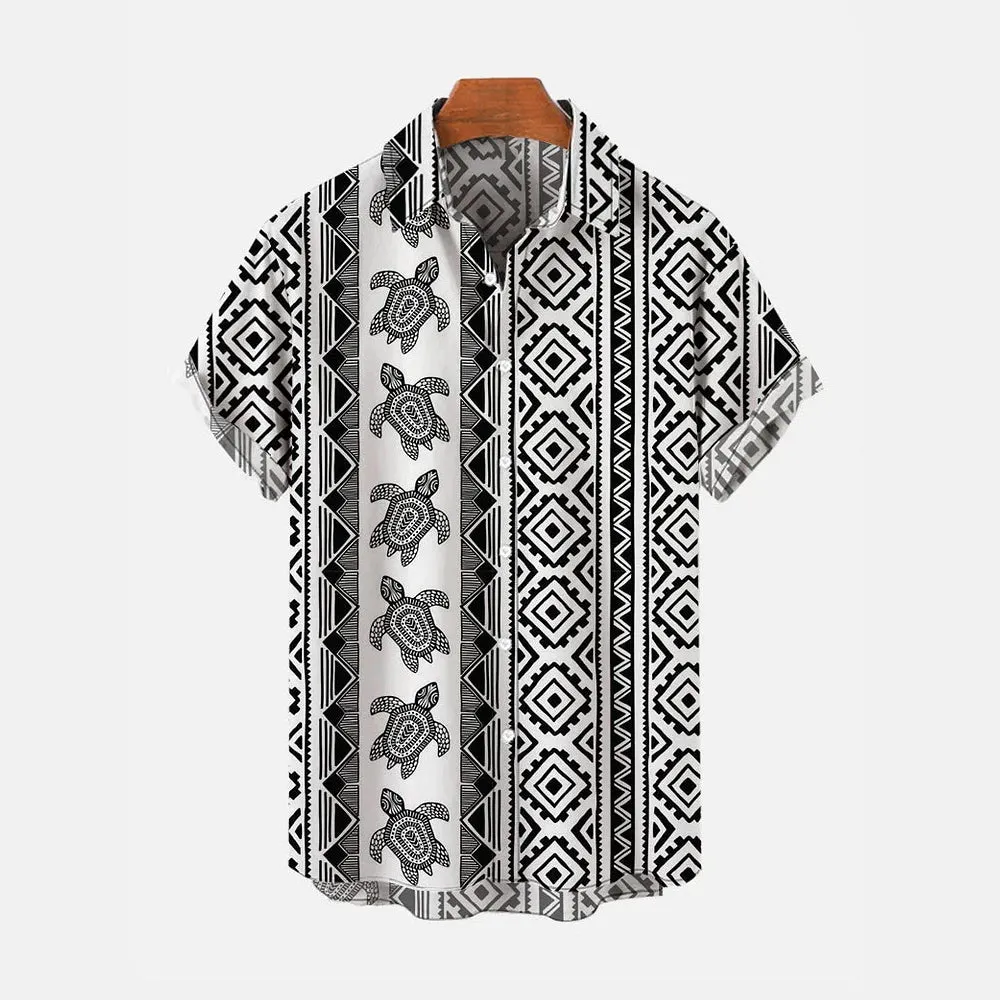 National Style Ethnic Geometric Pattern And Turtle Printing Short Sleeve Shirt