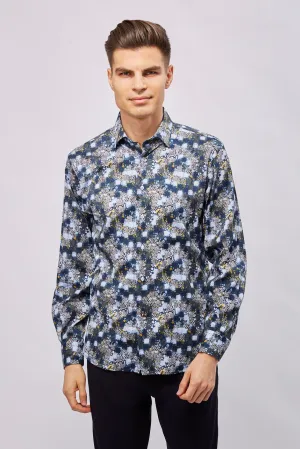Navy with White Checks, Boxes, and Circles Shirt