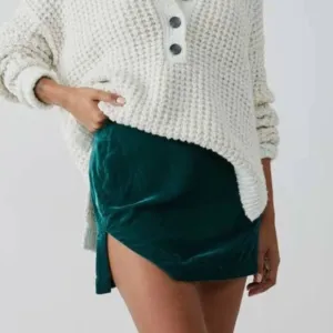 NWT Free People Annalise Velvet Slit Hem Mini Skirt in Deep Teal