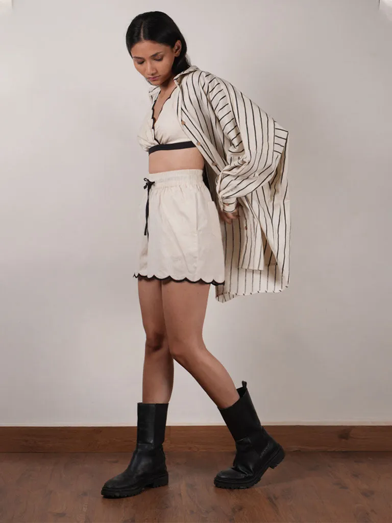 Oatmeal Oversized Striped Shirt Set