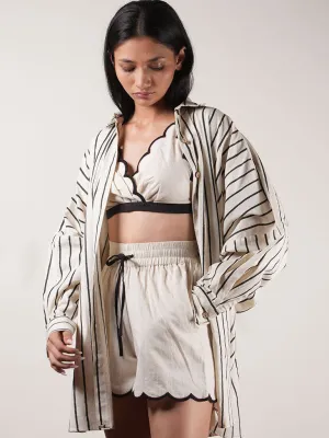 Oatmeal Oversized Striped Shirt Set