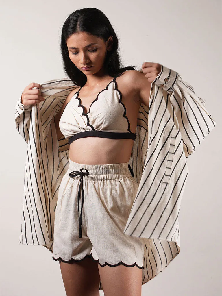 Oatmeal Oversized Striped Shirt Set